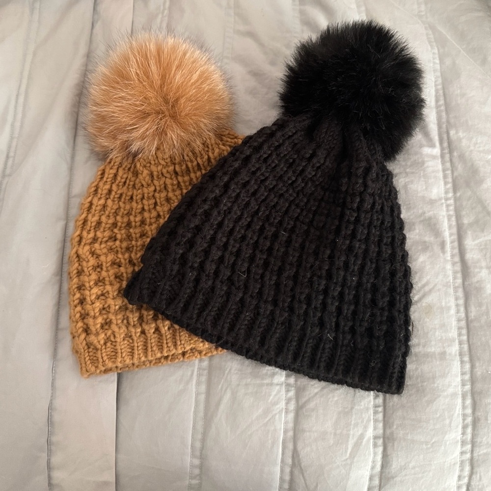 Kyi Kyi Black Knit Beanie with Pom Pom (2 hats)